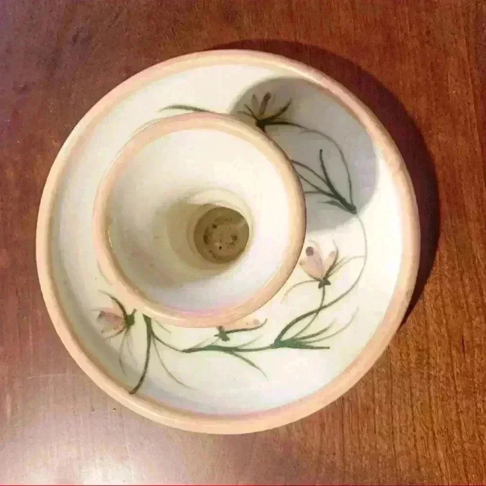 Peach Floral Ceramic Pottery Single Candle Holder Plate Signed. - Picture 4 of 6